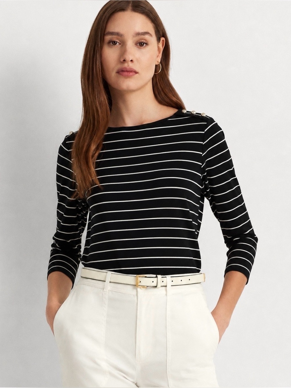 Share RALPH LAUREN WOMEN BRETON STRIPED TEE 0X/1X BLACK WHITE COTTON LOGO BUTTON